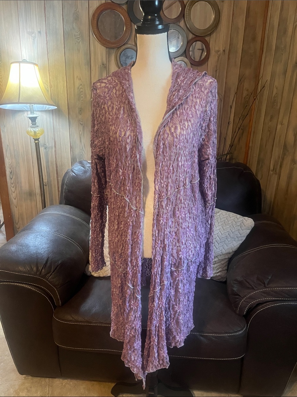 Women’s Open-Front Mauve/Lavender Pucker Lace Hooded Cardigan Boho Chic Longline - Picture 2 of 9